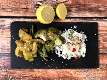 Crispy Lemon Chicken with Spicy Basmati Rice and Roasted Green Vegetables