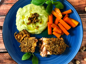 Baked Salmon with Basil Puree and Caramelized Carrots
