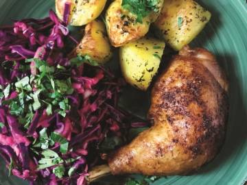 Spicy Roast Chicken Leg with Roasted Potatoes and Red Cabbage Salad